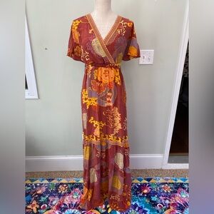 HALE BOB LARGE SILK RED ORANGE ORIENTAL FLORAL PRINT MAXI DRESS TIERED SKIRT